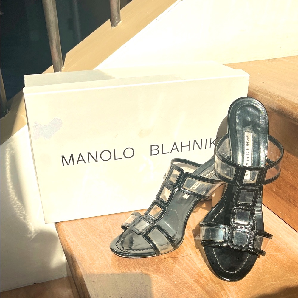 Manolo Blahnik Lucite And Black Patent Leather Heeled Slides